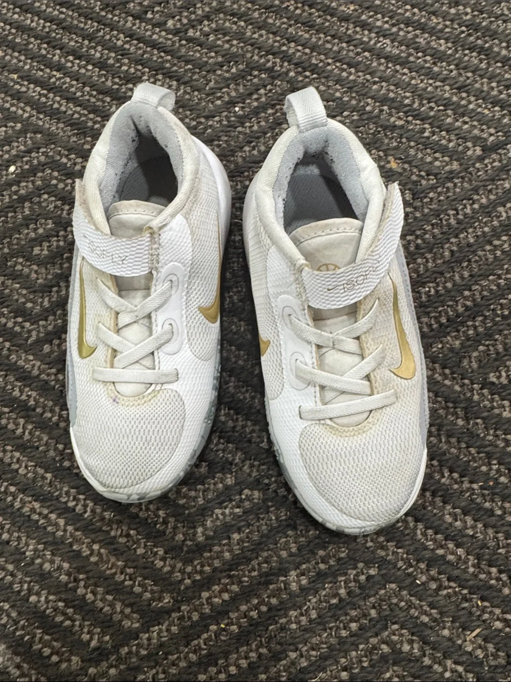 Nike Kids White Sneakers with Gold Swoosh